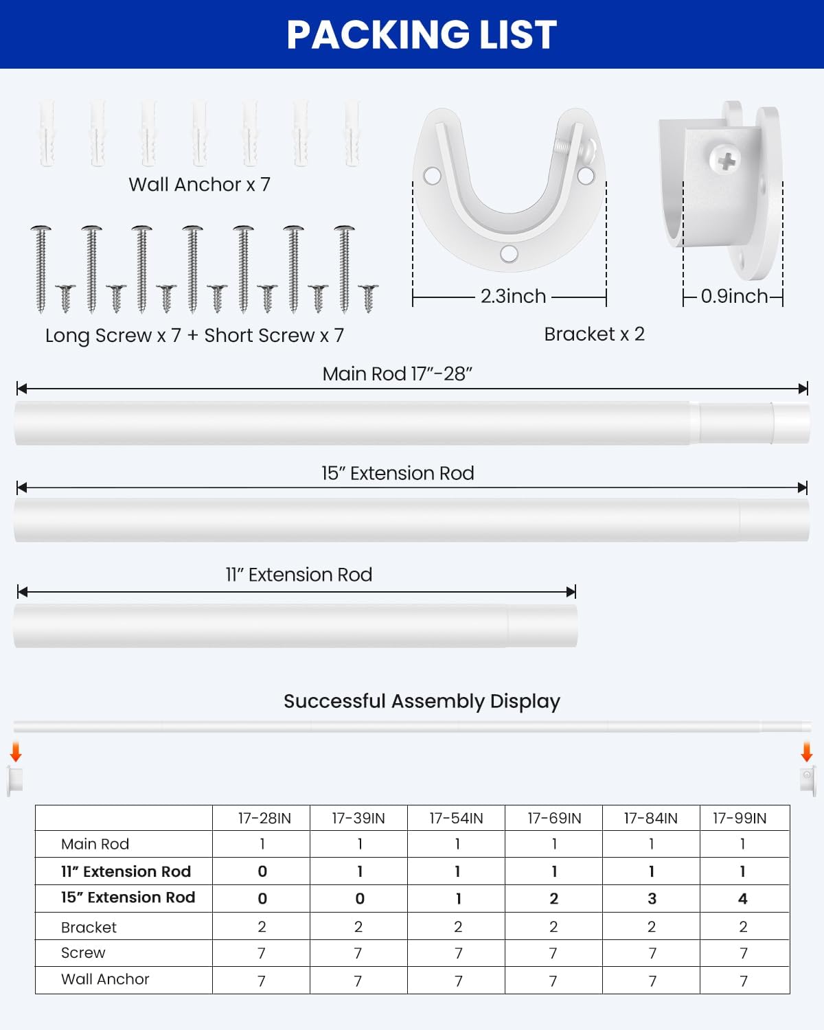 Closet Rods for Hanging Clothes, 17 to 159 Inches Stepless Adjustable Metal Closet Rod, 1.3 Inches Heavy Duty Clothes Hanging Rod for Closet Wardrobes Laundry RV, White
