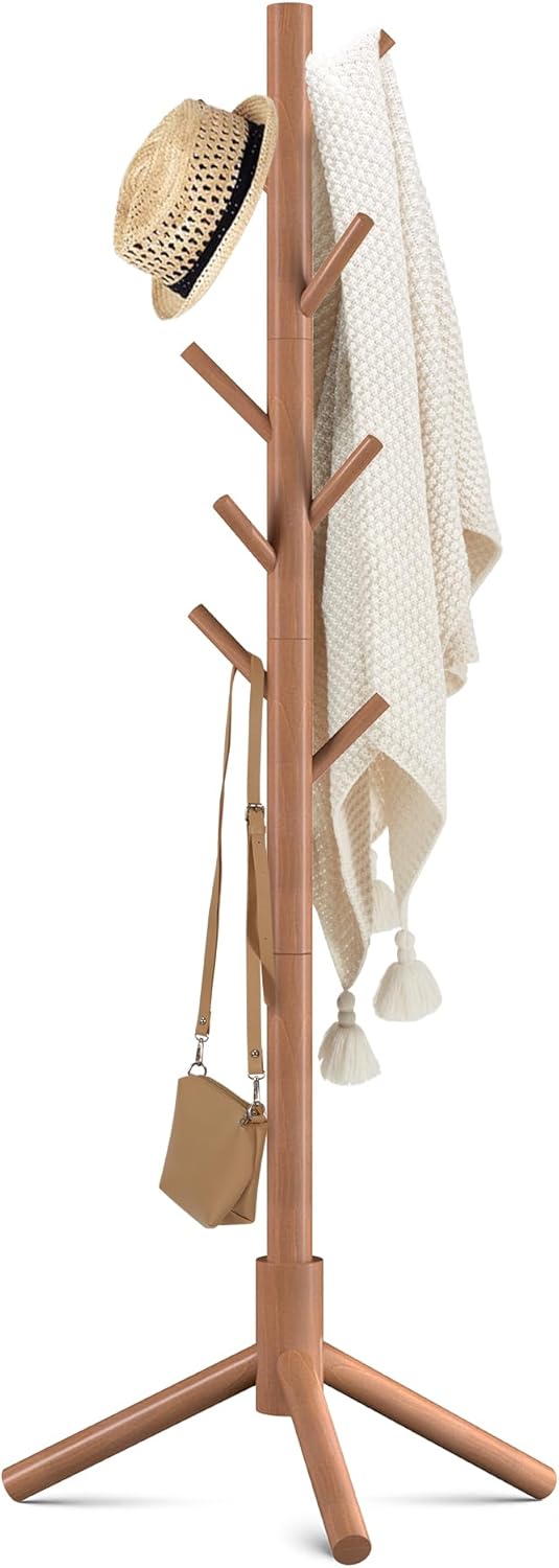 Haddockway Wooden Coat Rack Stand with 8 Hooks New Zealand Pine 3 Adjustable Coat Standing Tree Easy Assembly for Coats, Hats, Scarves and Handbags for Entryway, Hallway, Bedroom, Office