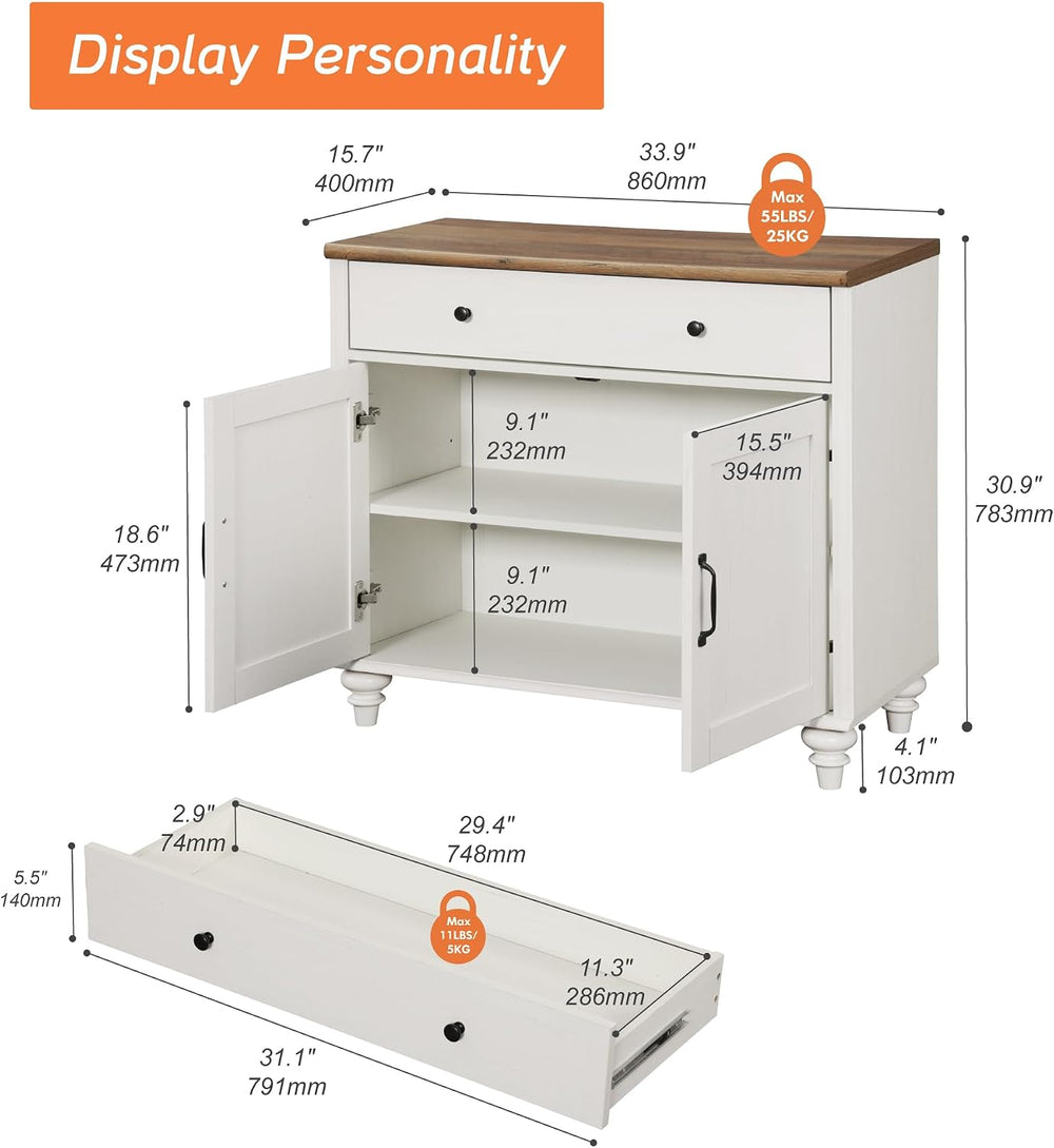 WAMPAT 34’‘ White Buffet Cabinet with Doors and Drawer, Wood Kitchen Storage ...