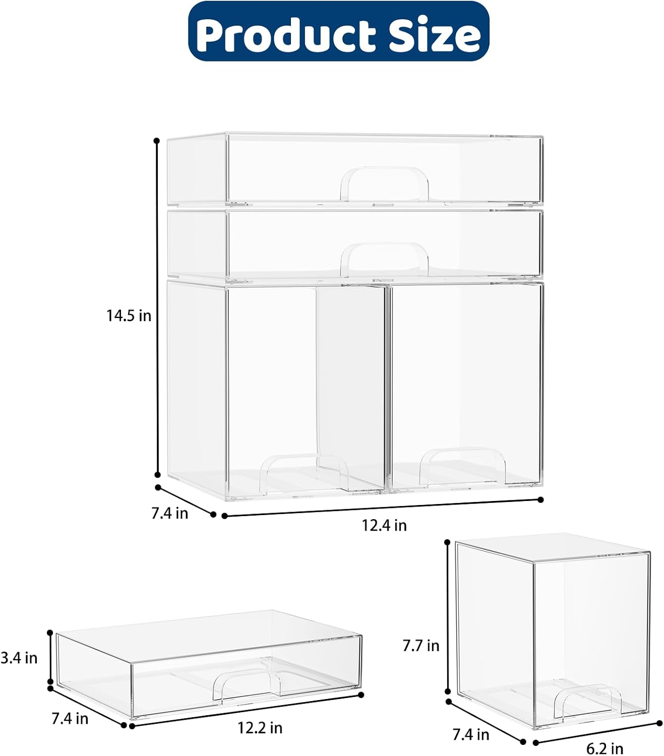 Baby Bottle Organizer Stackable, 4 Pack Clear Stackable Storage Drawers with 3 Stickers & 1 Pen, for Stationery, Cosmetics, Bathroom, Vanity, Countertop & Cabinet ((7.7’’ and 3.4’’Tall)