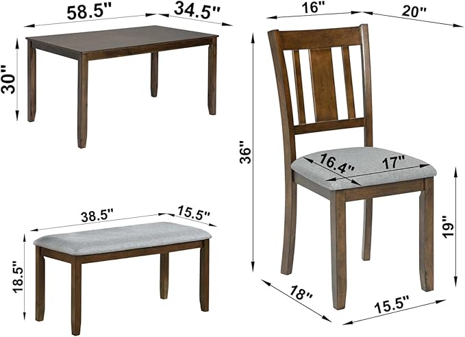 6-Piece Dining Table Set for 6, Counter Height Kitchen Set with Rectangular Wooden Table, Bench & 4 Chairs, Living Room Chairs with Comfortable Seating, Dining Table & Chair for Home, Walnut
