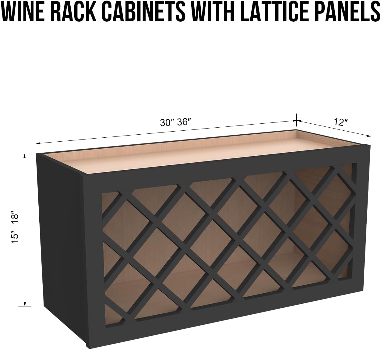 Solid Wood RTA Wine Bottle Rack Wall Cabinet with Lattice Panels Wine Storage for Bar, Pantry, Cellar, Countertop - Mocha (Charcoal Black, 36'W 12'D 18'H)