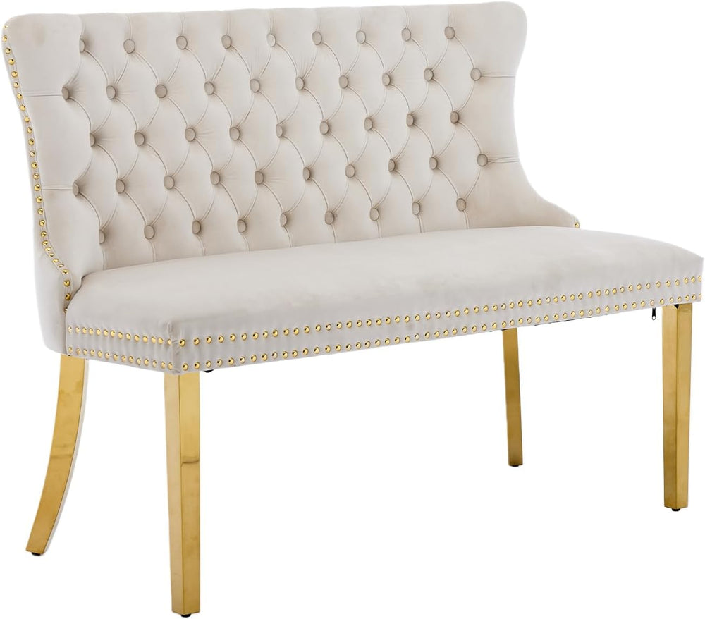Beige Velvet Dining Bench with Back, Tufted Banquette Seating, Gold Legs | Up...