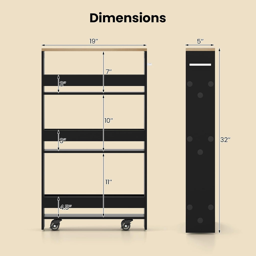Small Kitchen Cart, 4-Tier Slim Rolling Island w/Handle, Laundry Room Storage Organizers Between Washer and Dryer, Narrow Spice Rack on Wheels Next to Fridge (Black, 5'')
