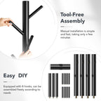 Wooden Coat Rack Freestanding with 8 Hooks,Easy Assembly New Zealand Pine Tree Coat Racks, 3 Adjustable Sizes for Clothes, Hats, Bags, for Entryway, Hallway, Bedroom, Office (Black, 1 PC)
