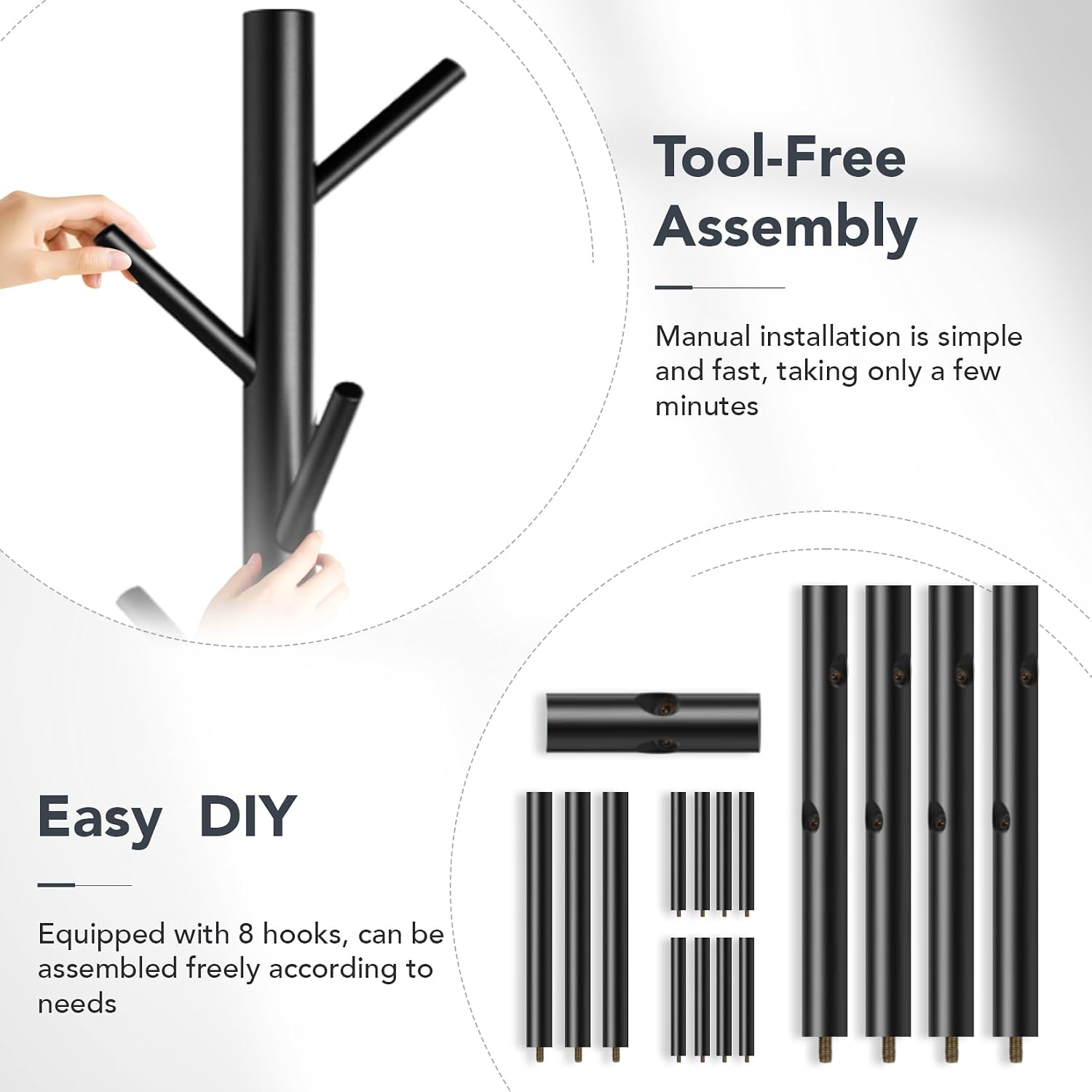 Wooden Coat Rack Freestanding with 8 Hooks,Easy Assembly New Zealand Pine Tree Coat Racks, 3 Adjustable Sizes for Clothes, Hats, Bags, for Entryway, Hallway, Bedroom, Office (Black, 1 PC)