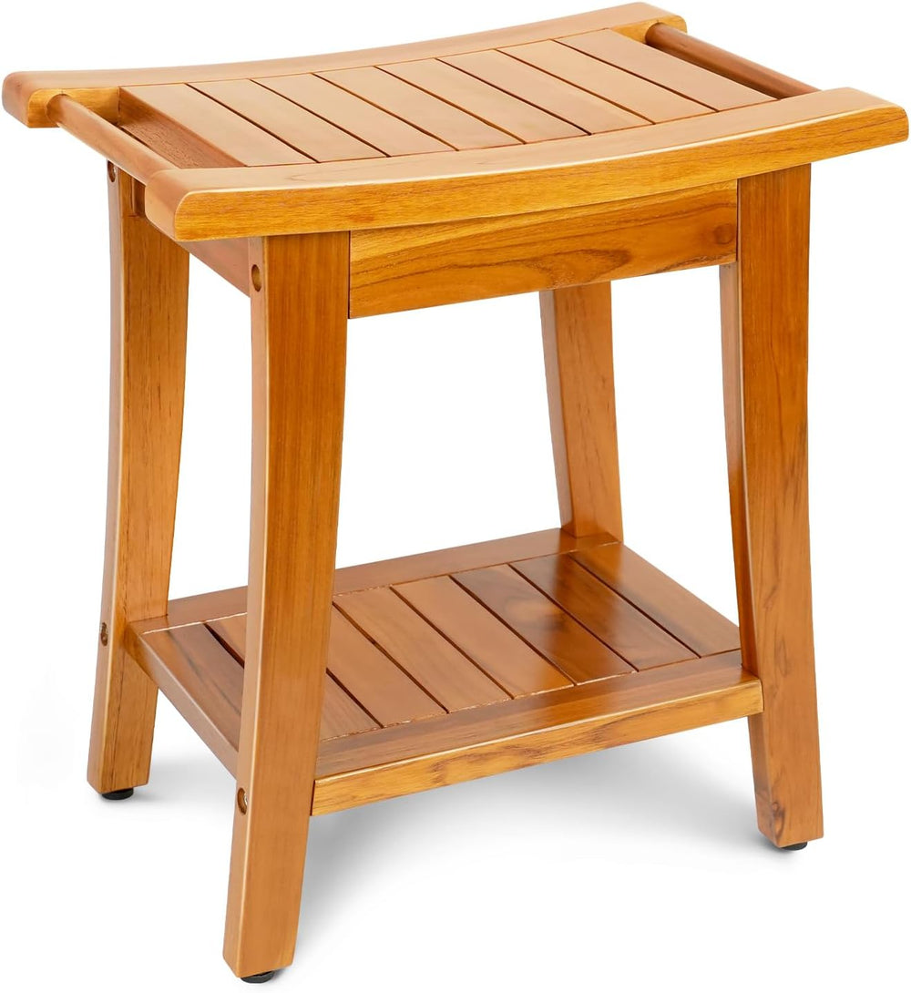 16" Compact Teak Shower Bench with Shelf & Handle, Solid Premium Tea...
