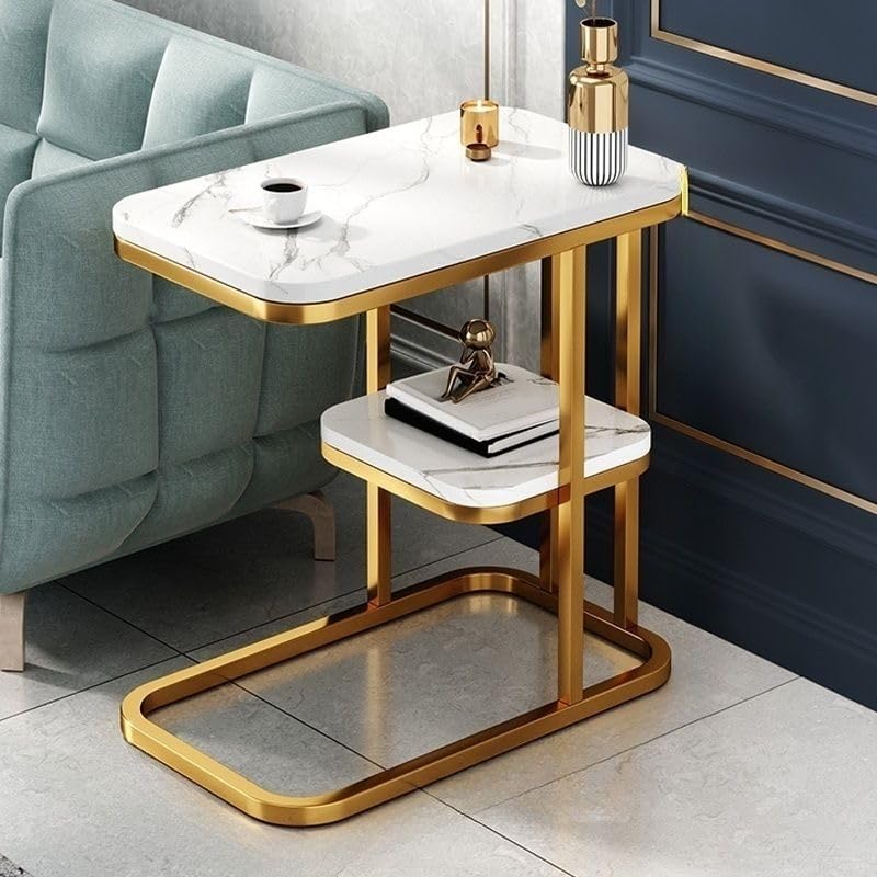 End Table, Modern Marble Side Table Sofa Table with Storage Shelf, Narrow Nig...