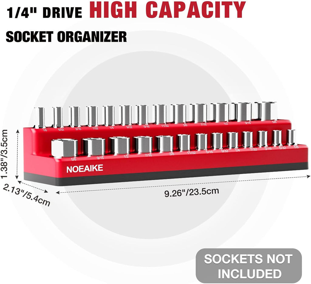 1/4 Inch Magnetic Socket Organizer,2-Pack Metric &SAE Sockets Holder Set 1/4" Drive Socket Trays,Holds 52 Pcs Standard and Deep Size Sockets(Socket not Included)