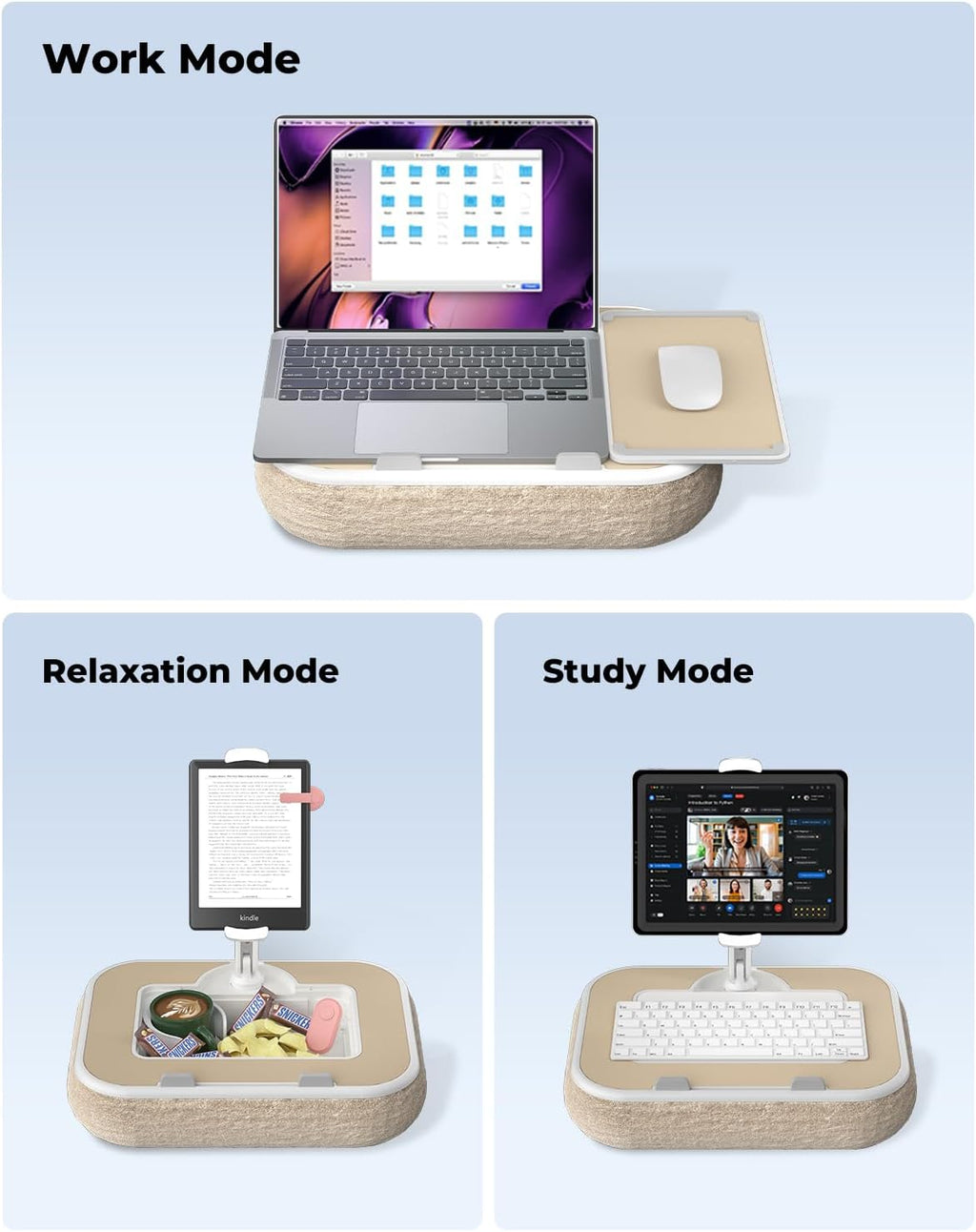 Viozon Kindle Pillow Stand Holder, Phone Holder for Bed, Laptop Lap Desk with Mouse Pad,Compatible with 4.7-13" Kindle/Tablet/Phone,10-15" Laptop, Snack Bowl&Cup Attachment&Detachable 360° Stand Arm