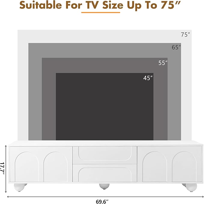 Ball & Cast 70" Modern TV Stand for TVs up to 75", Cream Media Console with Arched Push-to-Open Doors,2 Cabinets & 2 Drawers, 5 Iron Round Legs,Entertainment Center for Living Room,Bedroom,White