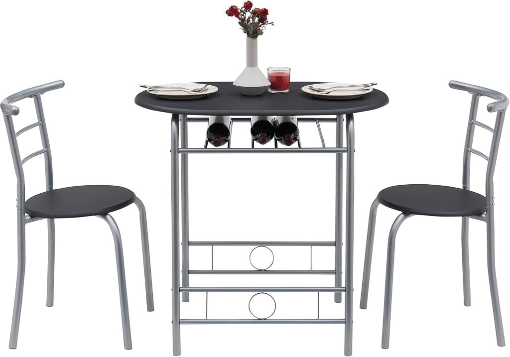 VECELO 3 Piece Wood Round Table & Chair Set for Dining Room Kitchen Bar Breakfast, with Wine Storage Rack, Space Saving, Black