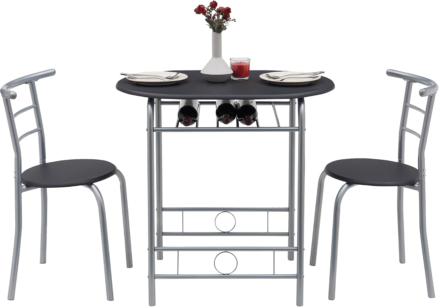 VECELO 3 Piece Wood Round Table & Chair Set for Dining Room Kitchen Bar Breakfast, with Wine Storage Rack, Space Saving, Black