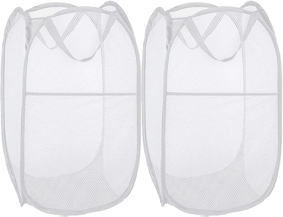 BATTOO Deluxe Strong Mesh Pop up Laundry Hamper Basket with Side Pocket Foldable Hamper for Laundry Room, Bathroom, Kids Room, College Dorm or Travel White + White