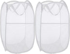 BATTOO Deluxe Strong Mesh Pop up Laundry Hamper Basket with Side Pocket Foldable Hamper for Laundry Room, Bathroom, Kids Room, College Dorm or Travel White + White