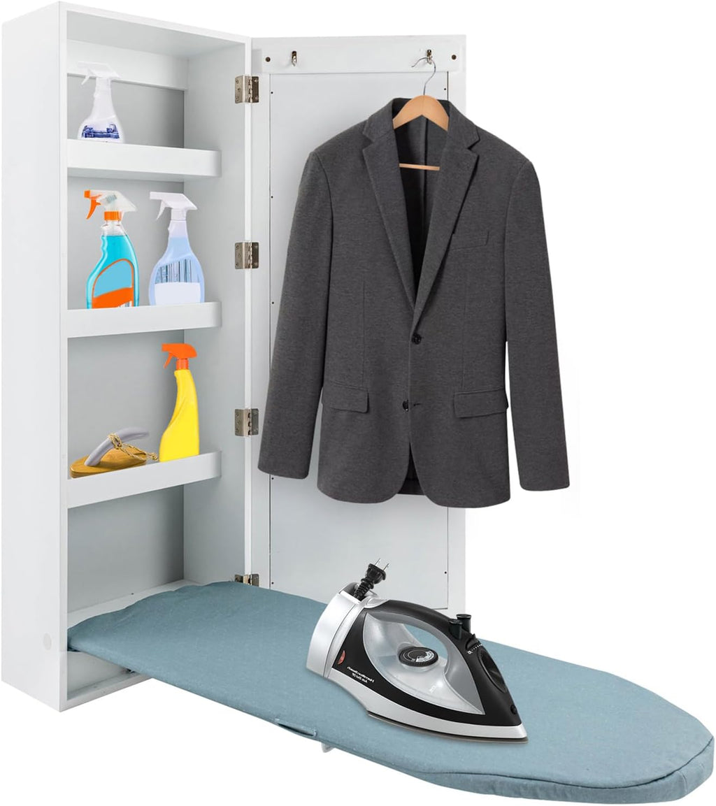 Wall Mounted Ironing Board with Storage Cabinet Built in Swivel Ironing Board with 3Tier Shelf & Dressing Mirror for Home Apartment & Small Spaces