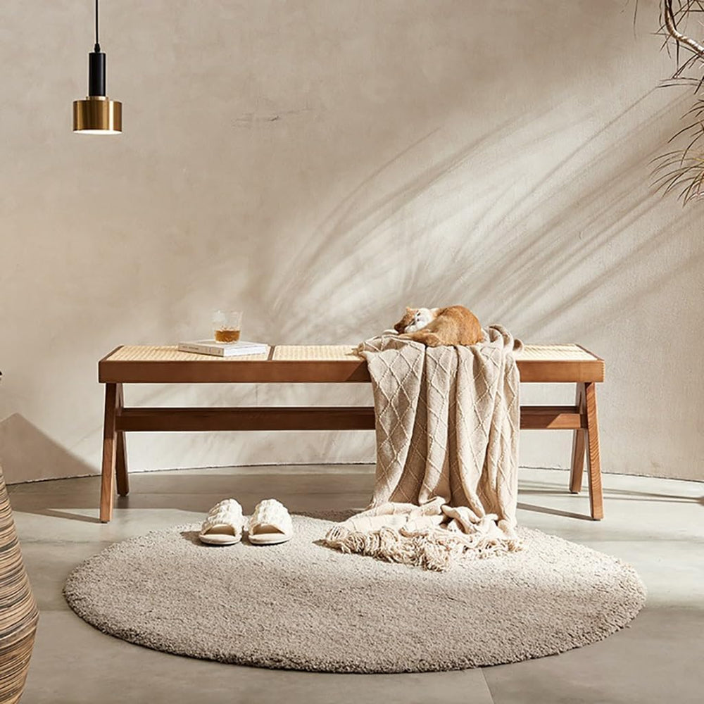 Entryway Stool Rattan Wooden Shoe Bench Bedroom Bedside Bench Wabi-sabi Style...