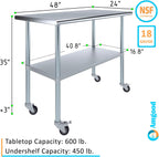 AmGood 48" Long x 24" Deep Stainless Steel Table with Casters
