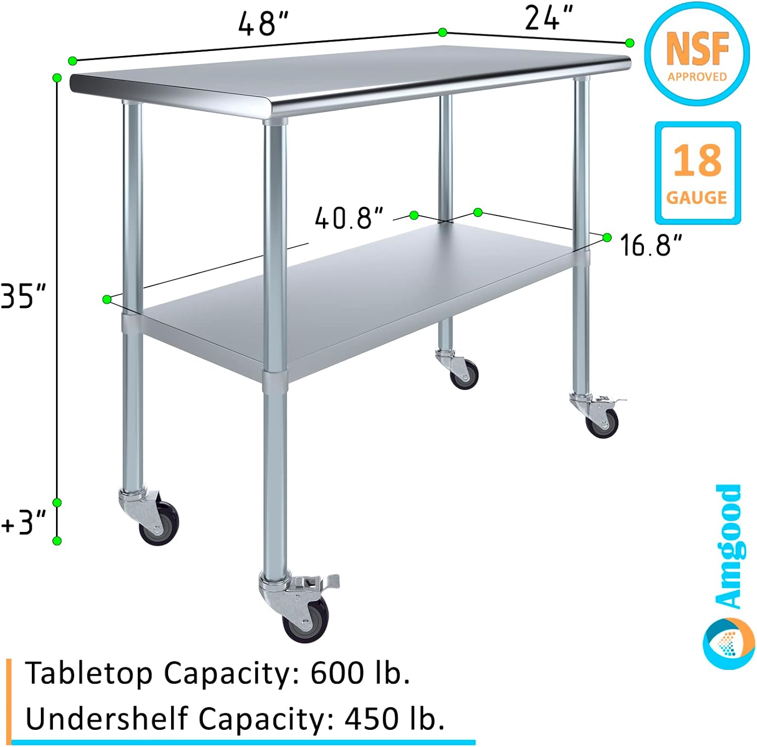 AmGood 48" Long x 24" Deep Stainless Steel Table with Casters