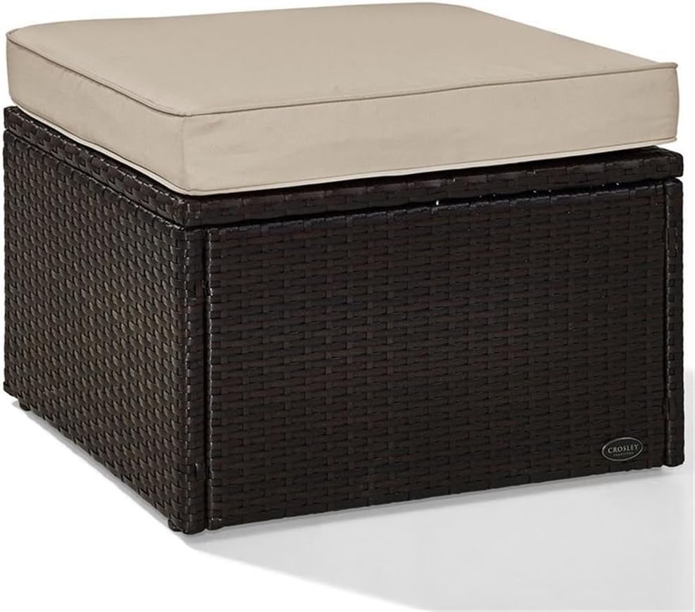 Pemberly Row Wicker Patio Ottoman, Brown Finish with Sand Cushions, Resin Wic...