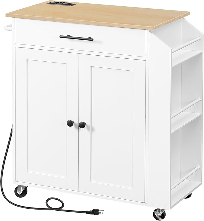 HOOBRO Kitchen Island with Power Outlet, Kitchen Storage Island with Spice Rack and Drawer, Rolling Kitchen on Wheels, for Home, Dining Room, Natural and White