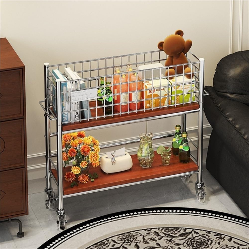 Slim Storage Cart with Wheels, 2 Tier Rolling Cart with Solid Wood Open Shelf, Space-Saving Snack Cart, Utility Cart for Kitchen, Bathroom, Living Room