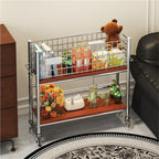 Slim Storage Cart with Wheels, 2 Tier Rolling Cart with Solid Wood Open Shelf, Space-Saving Snack Cart, Utility Cart for Kitchen, Bathroom, Living Room