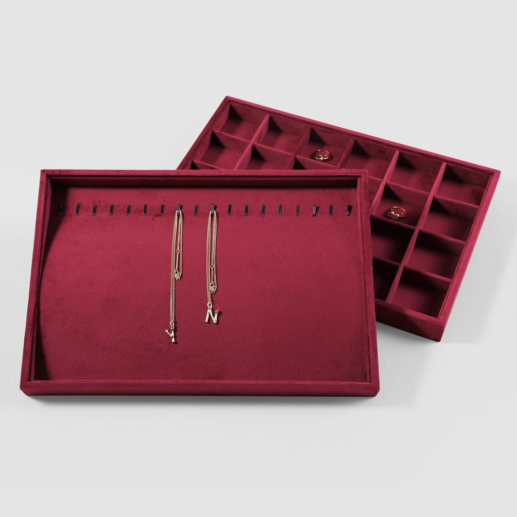 Velvet Jewelry Display Tray For Bracelet Pendant Necklace, Multi-Slot Stackable Storage Tray For Long Chain Jewelries, Drawer Insert Jewelry Organizer (Red)