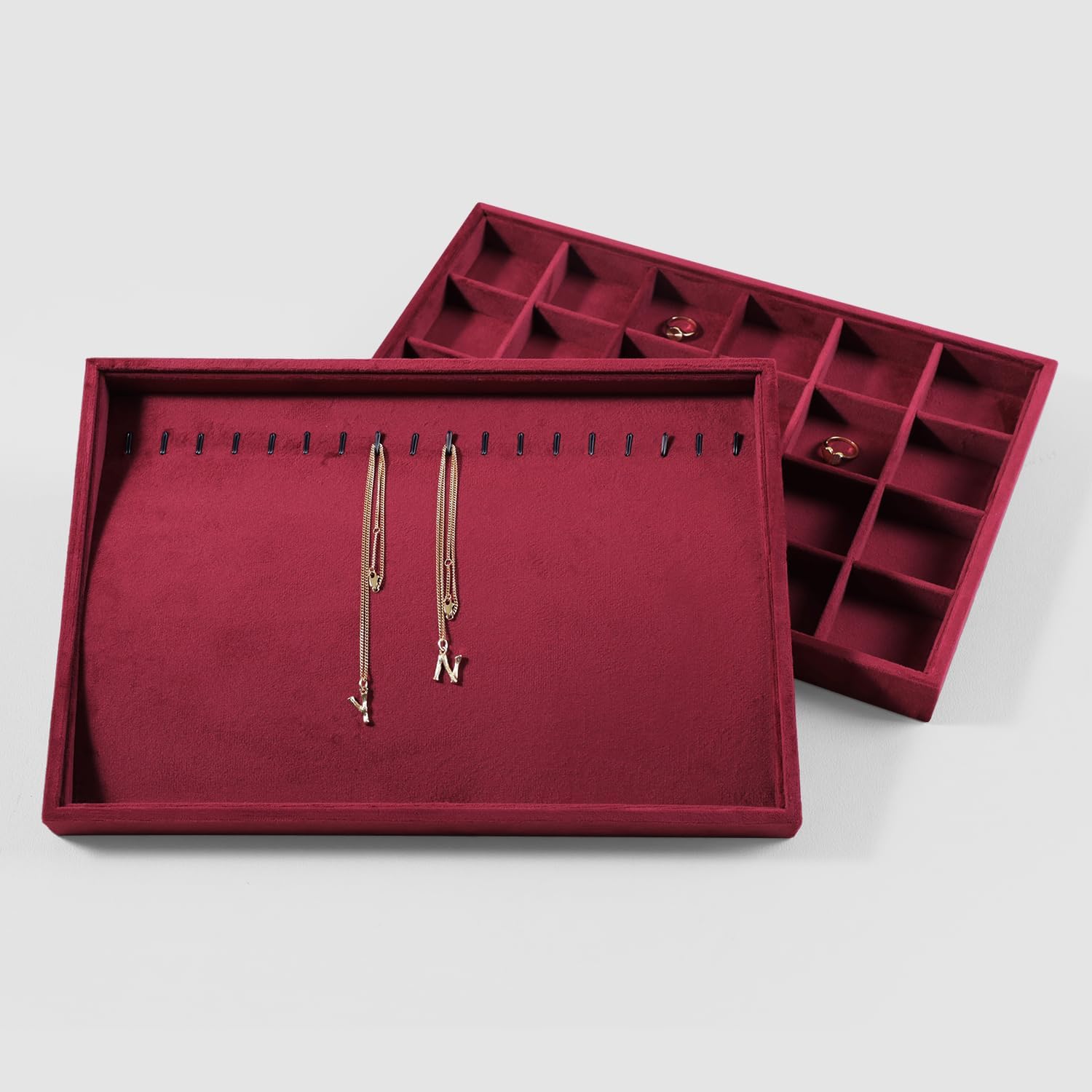 Velvet Jewelry Display Tray For Bracelet Pendant Necklace, Multi-Slot Stackable Storage Tray For Long Chain Jewelries, Drawer Insert Jewelry Organizer (Red)