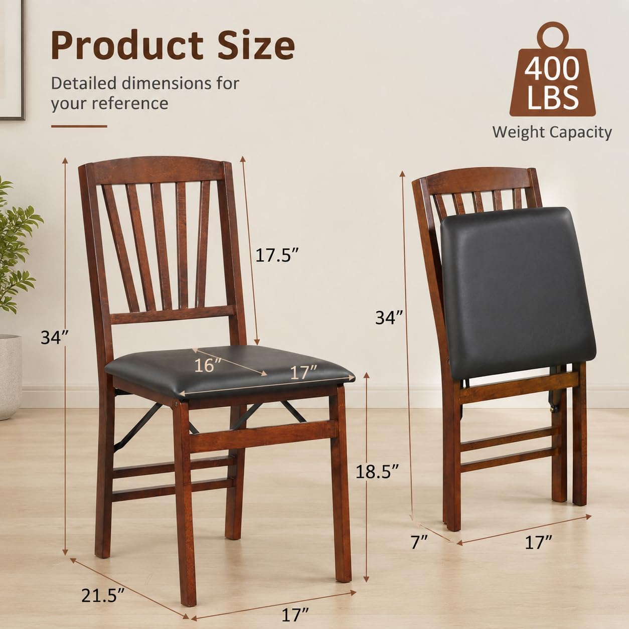 POWERSTONE Folding Dining Chairs Set of 6, Slat Back Foldable Kitchen Chair | PVC Padded Cushions, Solid Wood Frame, No Assembly, 400 LBS Capacity for Dining Room Apartment Small Spaces