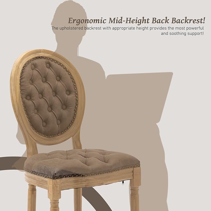 French Country Dining Chairs Set of 4,Farmhouse Upholstered Dining Room Chairs with Tufted Round Back&Solid Leg,PU Leather Kitchen Side Chairs for Kitchen/Bedroom/Dining Room,Brown