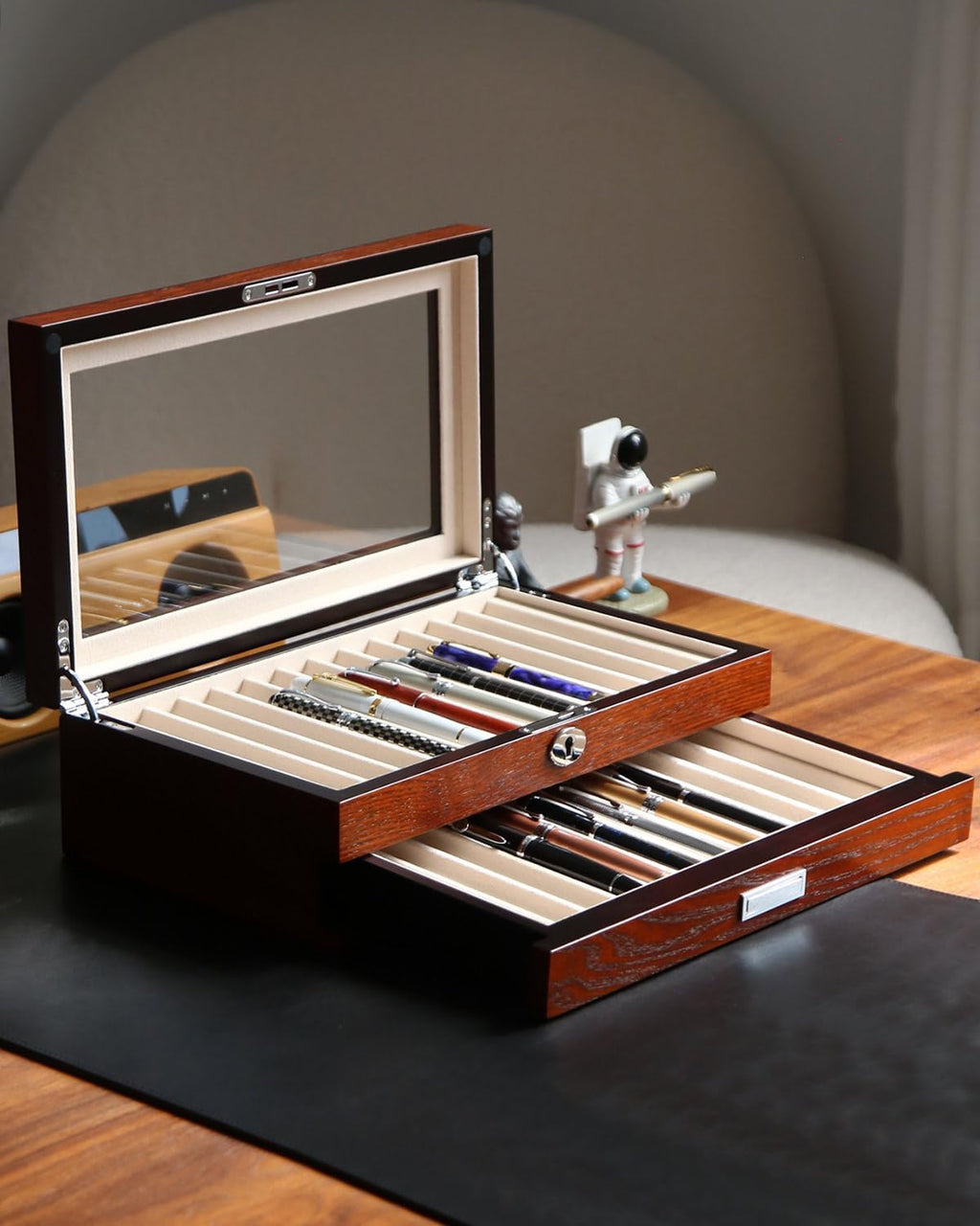 wood pen display case 24 slot Fountain pen Box storage Organizer with drawer, Top Glass Window Pen Collection Display Case