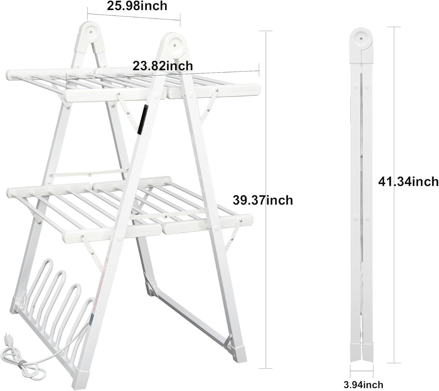 Electric Heated Clothes Drying Rack,Foldable Heated Garment Dryer with Timer Shut-Off Laundry Rack for Clothes Shoes Socks,Aluminum Alloy,White,Plug & Play,(39.37x25.98x23.82in)