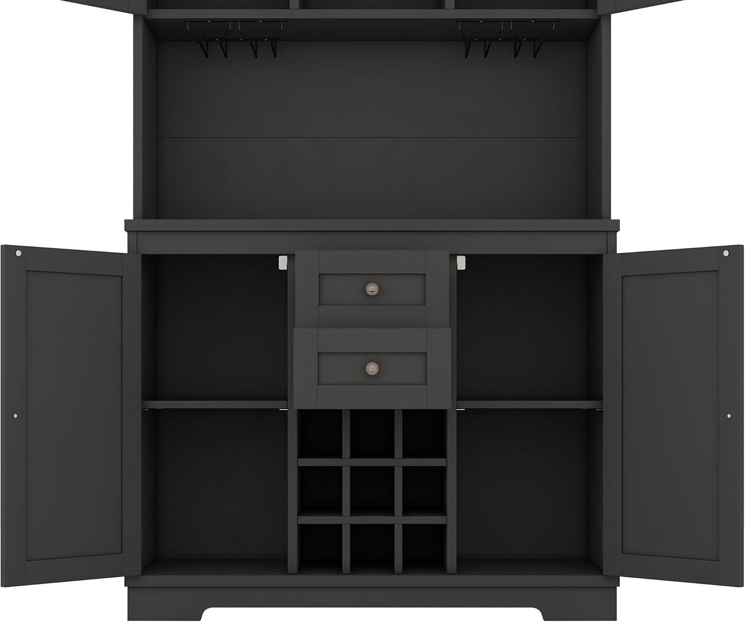Farmhouse Kitchen Buffet Cabinet with Storage, Black Food Pantry Organizer with Wine Racks, Glass Shelves & Drawers for Dining Room
