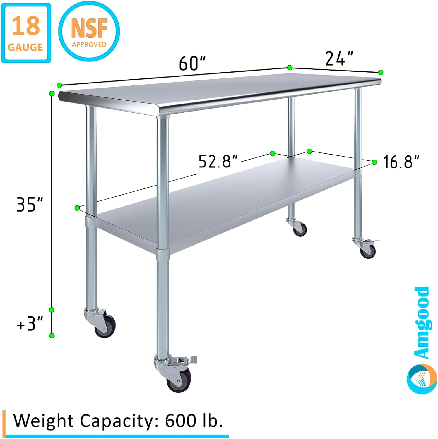 AmGood 24" x 60" Stainless Steel Work Table with Casters | Heavy Duty Metal Utility Table On Wheels | Kitchen Island Cart