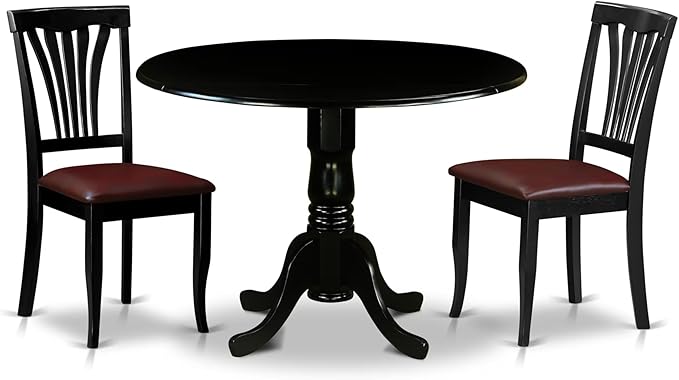 East West Furniture DLAV3-BLK-LC 3 Piece Dining Set Contains a Round Dining Room Table with Dropleaf and 2 Faux Leather Upholstered Kitchen Chairs, 42x42 Inch, Black