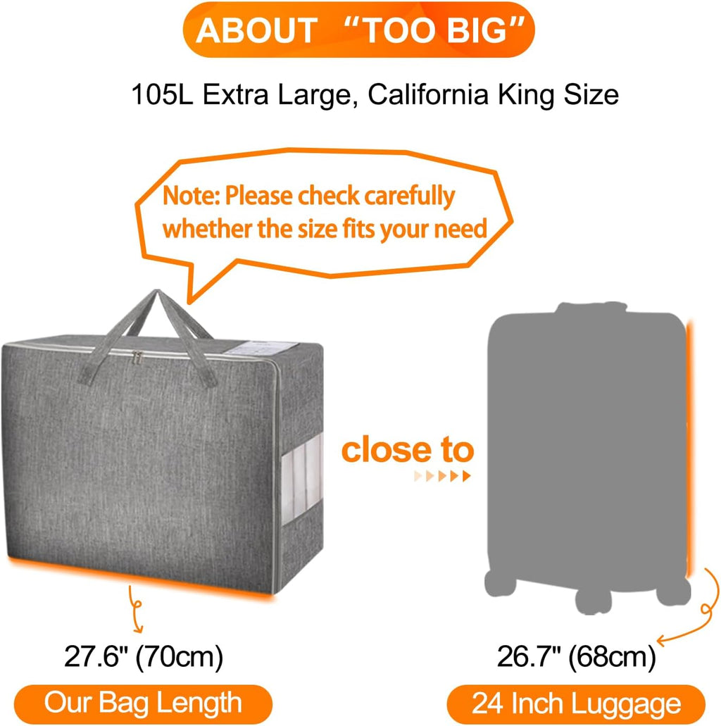 2 Pack 105L Comforter Storage Bags, Extra Large Bedding Storage Bags with Category Card and Clear Window, Reinforced Handles & Zippers, Foldable Closet Organizers for Blanket Pillow