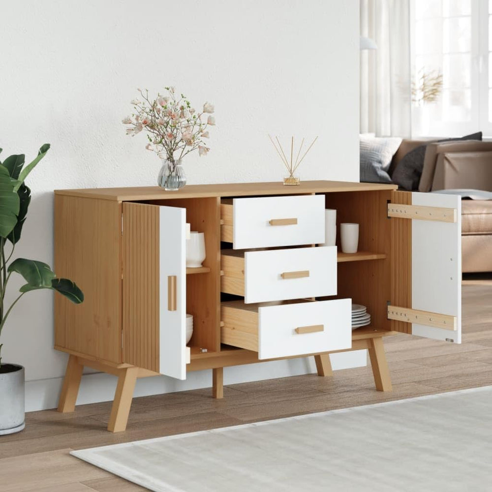 White and Brown Solid Pine Wood Sideboard with Multiple Drawers and Doors for...