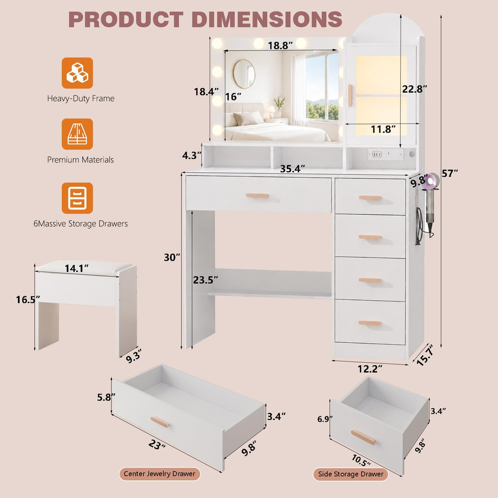 BZK Vanity Desk with LED Lights and Mirror, 35.4" Makeup Vanity Table wi...