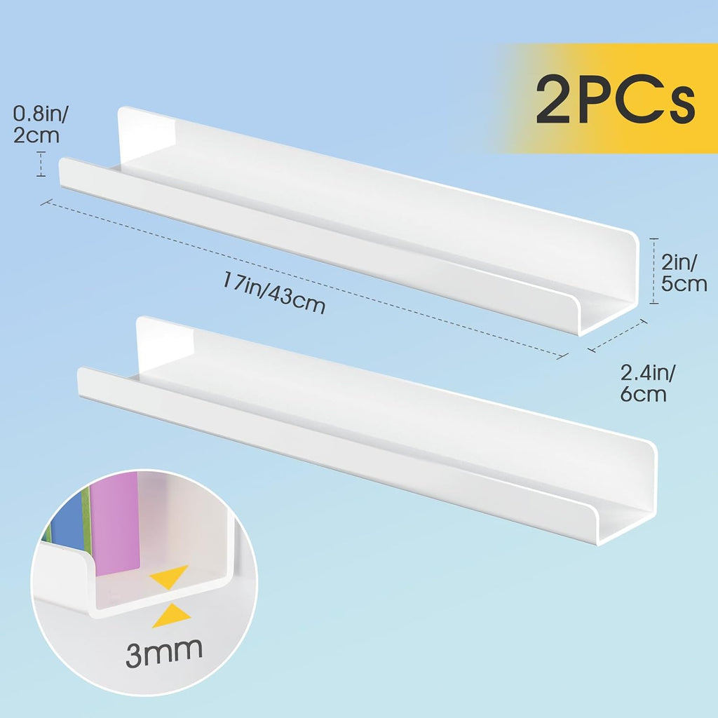 NiHome Magnetic White Acrylic Book Shelves 2-Pack, 17'' for Whiteboard, Classroom and Fridge Storage, Sleek Design for Large Picture Books and File Holders, Holds up to 8.5 lbs