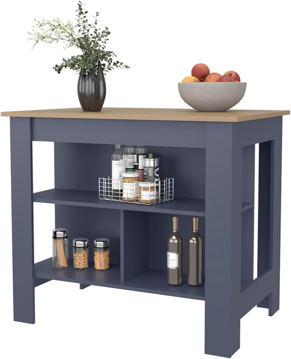 Kitchen Island with 3 Shelves Alby Blue Natural Oak | Three shelves and two d...