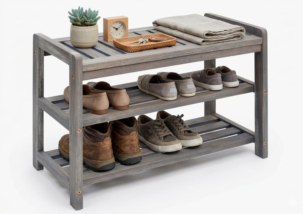 27-Inch Wooden Shoe Bench for Entryway, 3-Tier Storage Organizer, Rustic Shoe...