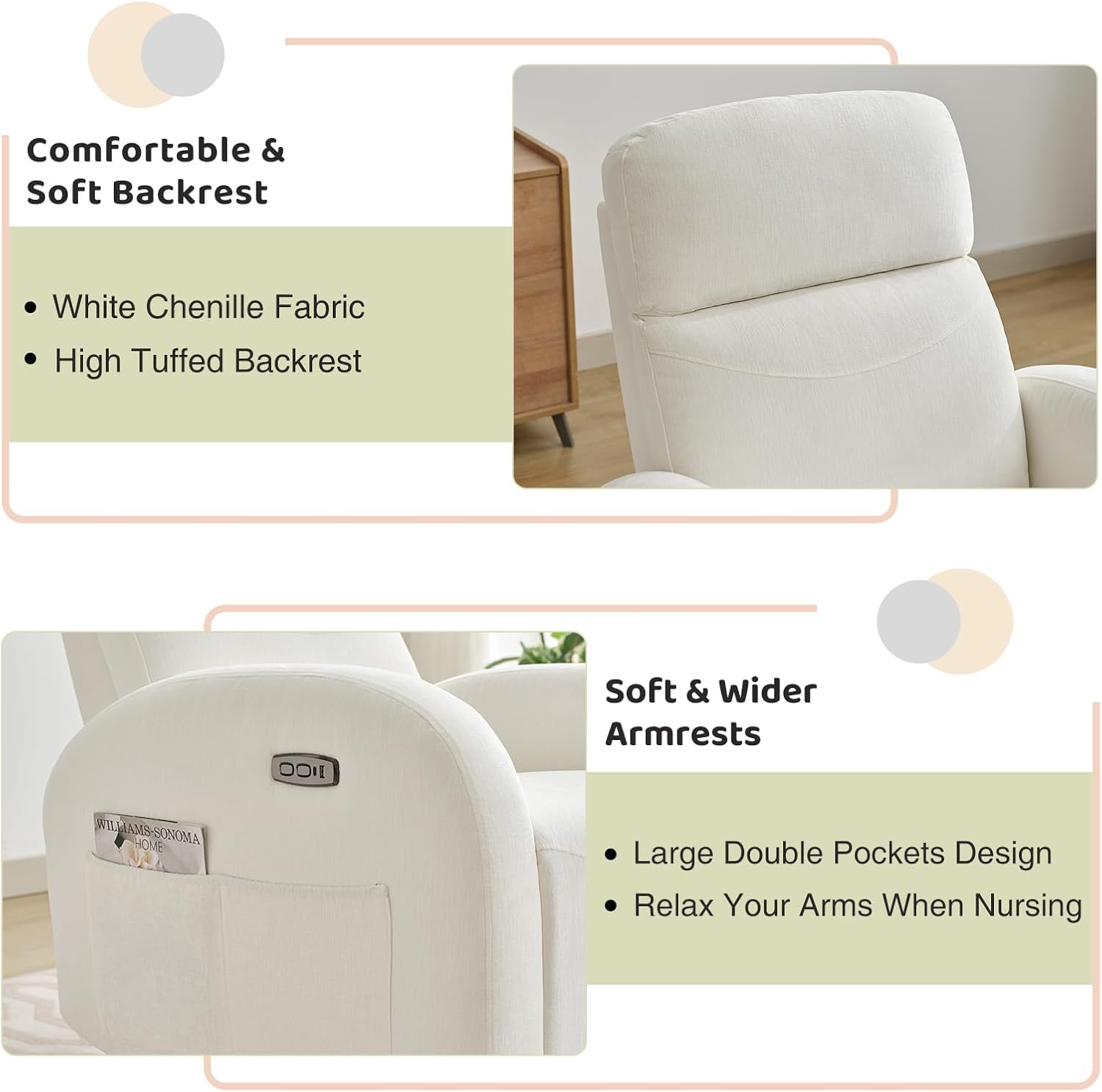 Power Nursery Glider Recliner, Chenille Electric Rocker Recliner with Type-C & USB Port, Nursery Swivel Rocker Recliners with Double Pockets for Adult, Cream White