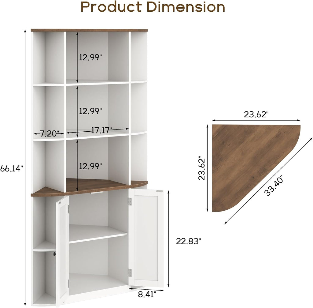 Halitaa Corner Storage Cabinet, 67" White Brown Tall Corner Bookshelf | 67'' Farmhouse Storage Shelf with Bottom Cabinet and Ajustable Shelf for Study, Living Room and Kitchen, White and Brown