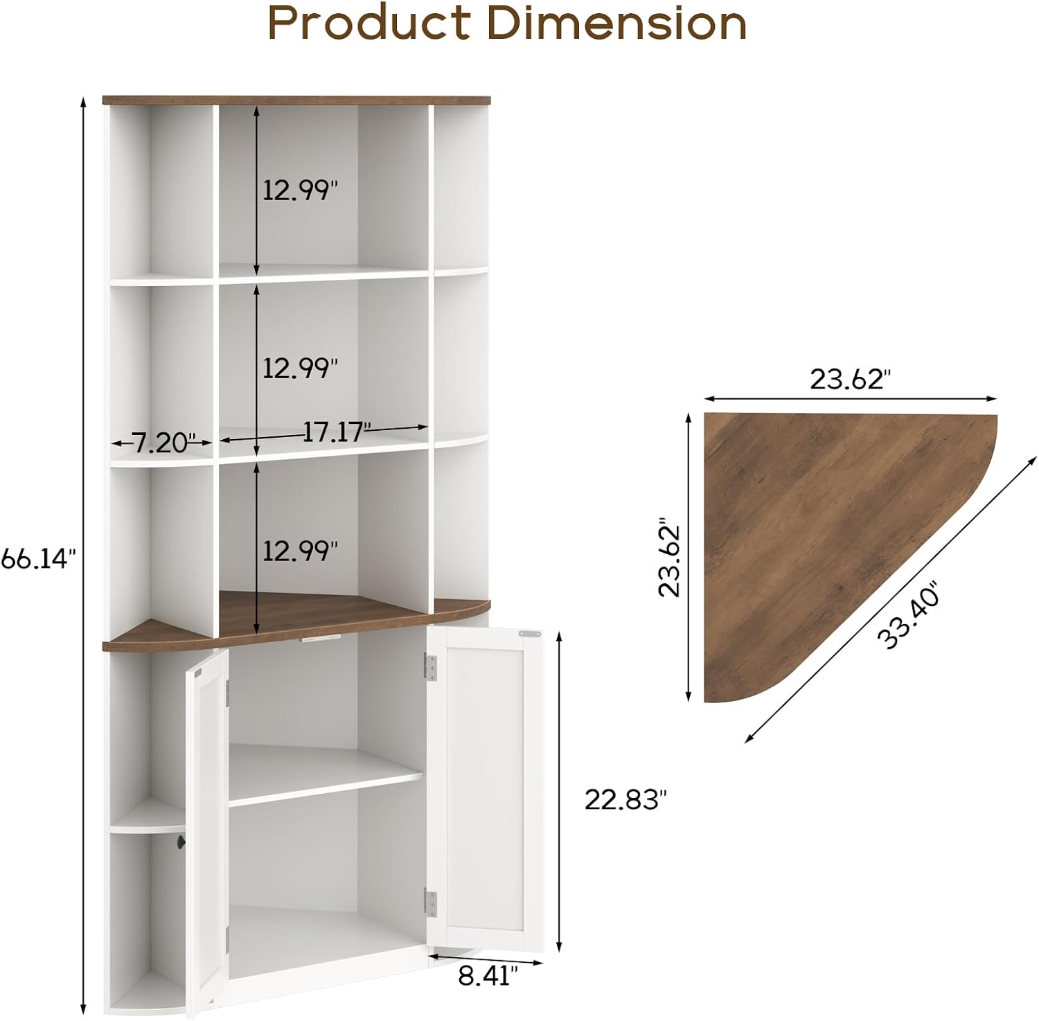 Halitaa Corner Storage Cabinet, 67" White Brown Tall Corner Bookshelf | 67'' Farmhouse Storage Shelf with Bottom Cabinet and Ajustable Shelf for Study, Living Room and Kitchen, White and Brown