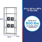 Shelving Inc. 14"d x 30" w x 96" h Chrome Wire Shelving with 5 Tier Shelves, Weight Capacity 800lbs Per Shelf
