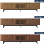 POVISON Fully-Assembled Sliding Tambour Door TV Stand, Mid Century Modern Sintered Stone TV Console, Wood Media Console for 85 Inch TV, Entertainment Center with Storage Cabinet(Walnut, 94.49")