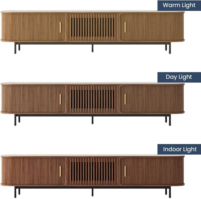 POVISON Fully-Assembled Sliding Tambour Door TV Stand, Mid Century Modern Sintered Stone TV Console, Wood Media Console for 85 Inch TV, Entertainment Center with Storage Cabinet(Walnut, 94.49")