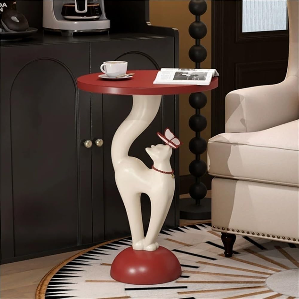 Elegant Resin Cat Sculpture Side Table with Tray, Modern Creative Bedside Tab...