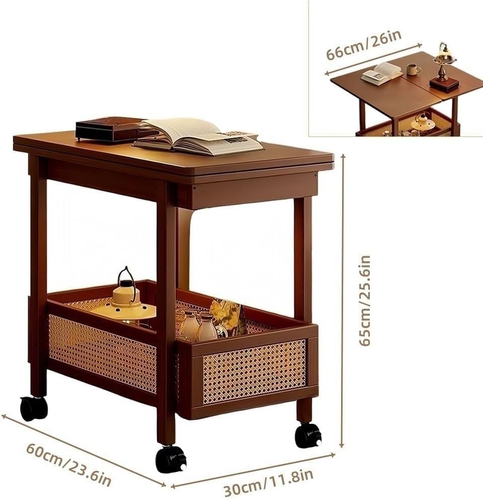 Expandable Wooden Coffee Table with Wheels Side Table with Storage Basket Rem...